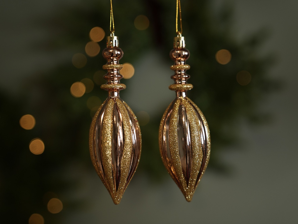 PCH-06  زينة شجرة ذهبي و وردي شكل مغزلي 2 قطع