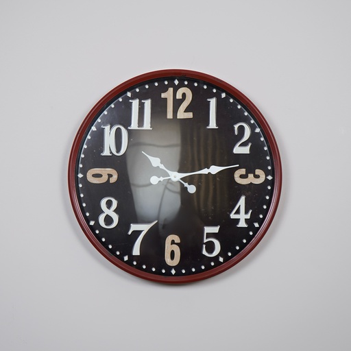 O5-25  ساعة جدارية دائرية قطر 60 سم سوداء باطار احمر معدني