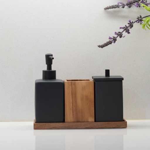 MZL3-01 سيت حمام خشب + سيراميك اسود 4 قطع